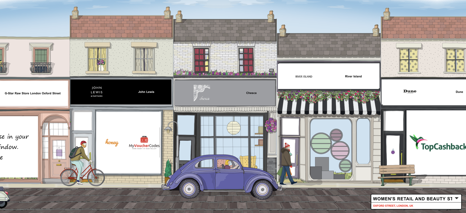 An illustrated storefront on a pre-loaded Streetify high street.